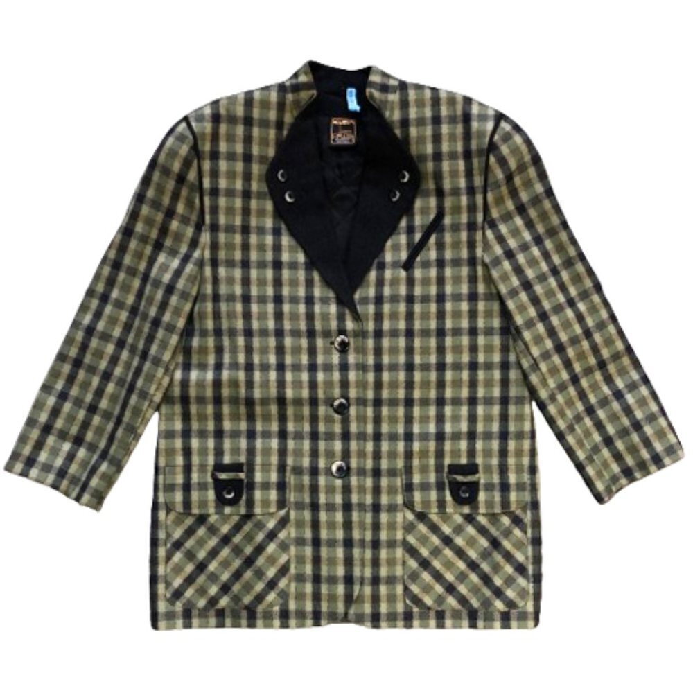 Vintage 90s wool checkered olive green and black blazer jacket, Plus size - Picture 7 of 16